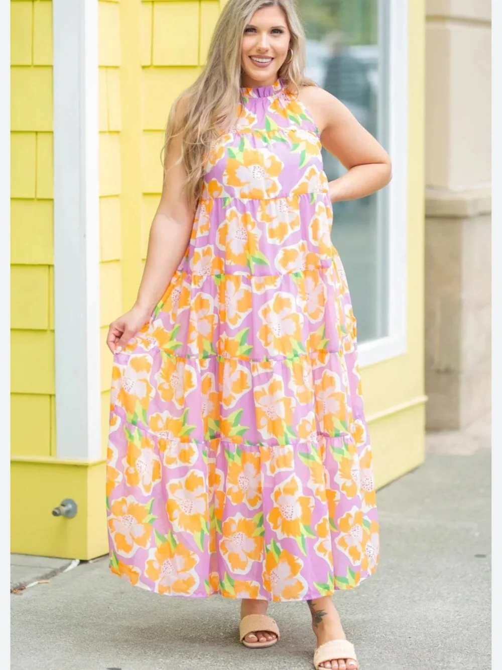 Michelle McDowell Bethany Halter Maxi Dress Pink & Orange Floral Size Lg